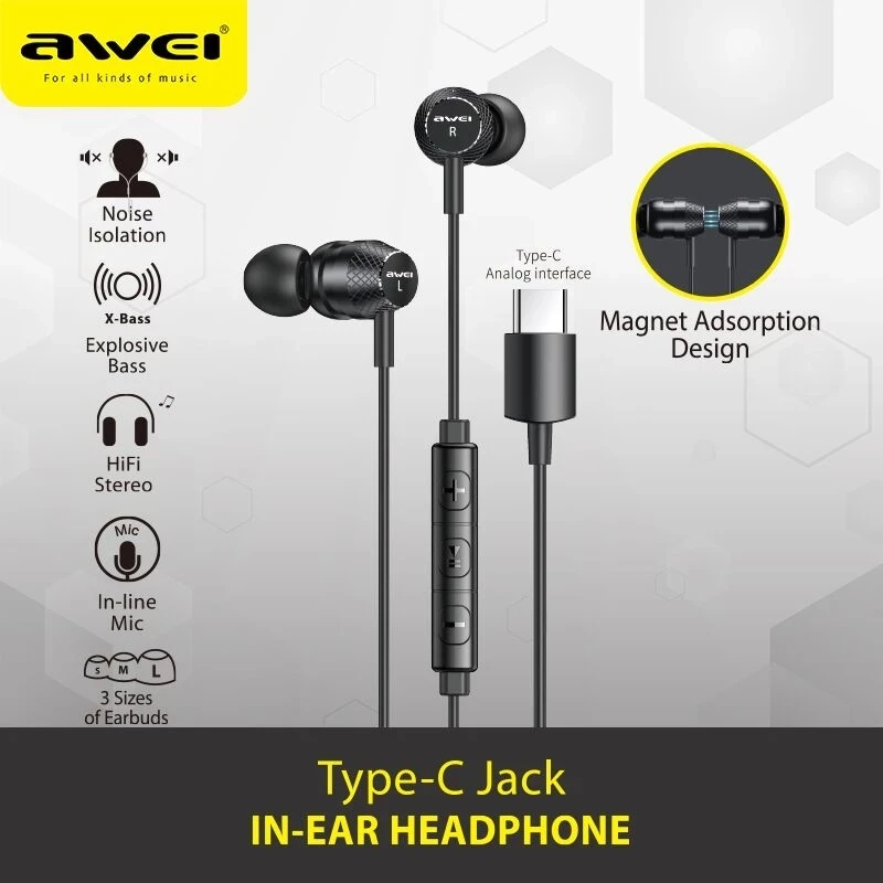 

Проводные Наушники Awei для телефона, разъем Type-C, стерео, с глубокими басами, с микрофоном и кнопкой управления, TC-5