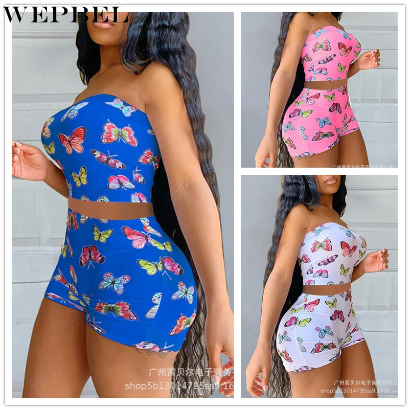 

Женский сексуальный женский комплект Mandylandy, женский элегантный укороченный Топ без бретелек + эластичные шорты с высокой талией, комплект и...