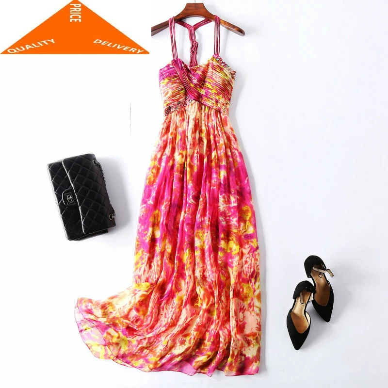 100% настоящий цветочный шелк платье для женщин без бретелек Длинные летние