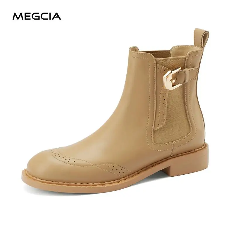 

MEGCIA Autumn Chelsea Boots Women Genuine Leather Ankle Boots Low Heel Shoes Winter Boots Female Elegant Brogue Shoes Designer