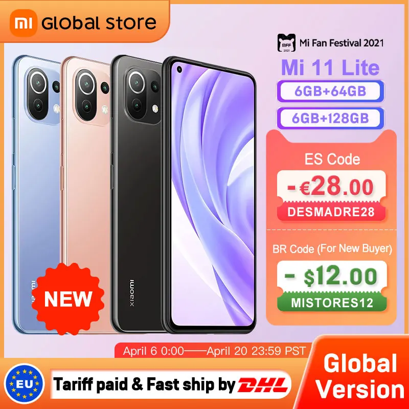 Перейти на Алиэкспресс и купить Глобальная версия смартфона Xiaomi Mi 11 Lite 6 ГБ 64 Гб/128 ГБ NFC 4G Восьмиядерный Snapdragon 732G камера заднего вида 64 мп 157g Light