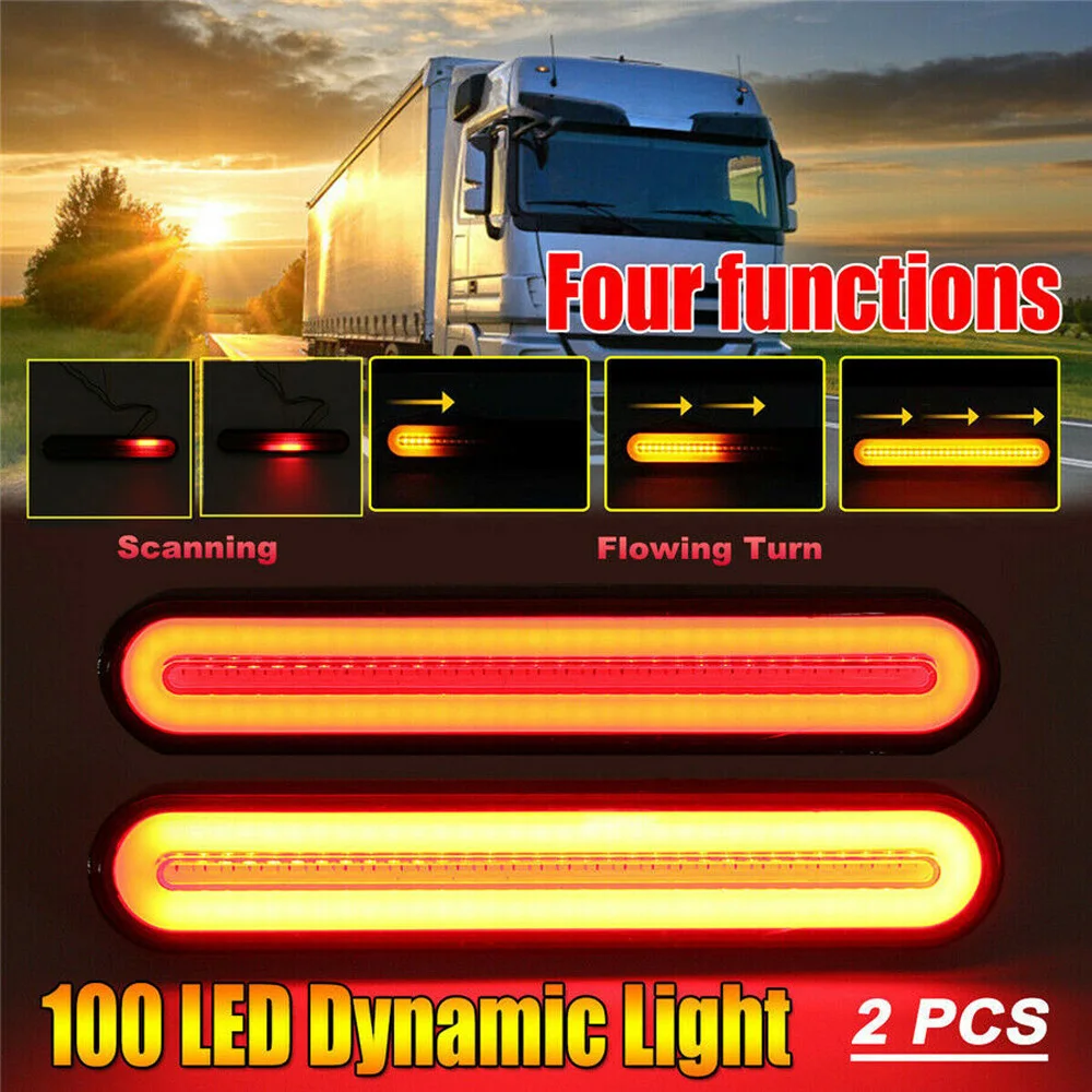 2pcs 4 In 1 Car Truck Trailer 100LED Rear Taillight Brake Light Bar Turn Signal Lamp Red Yellow LED Tail Work Light Side Marker