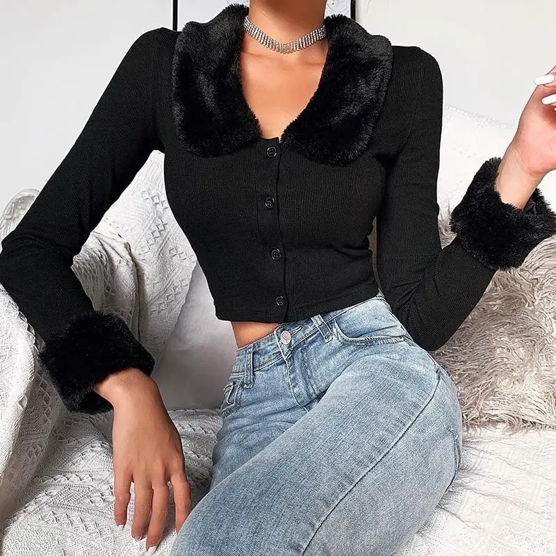 

Y2k Slim Fit Autumn/winter 2021 New Club Outfit Faux Fur Collar Cardigan Women Girls Long-sleeved Furry Lapel Crop Top T-shirt