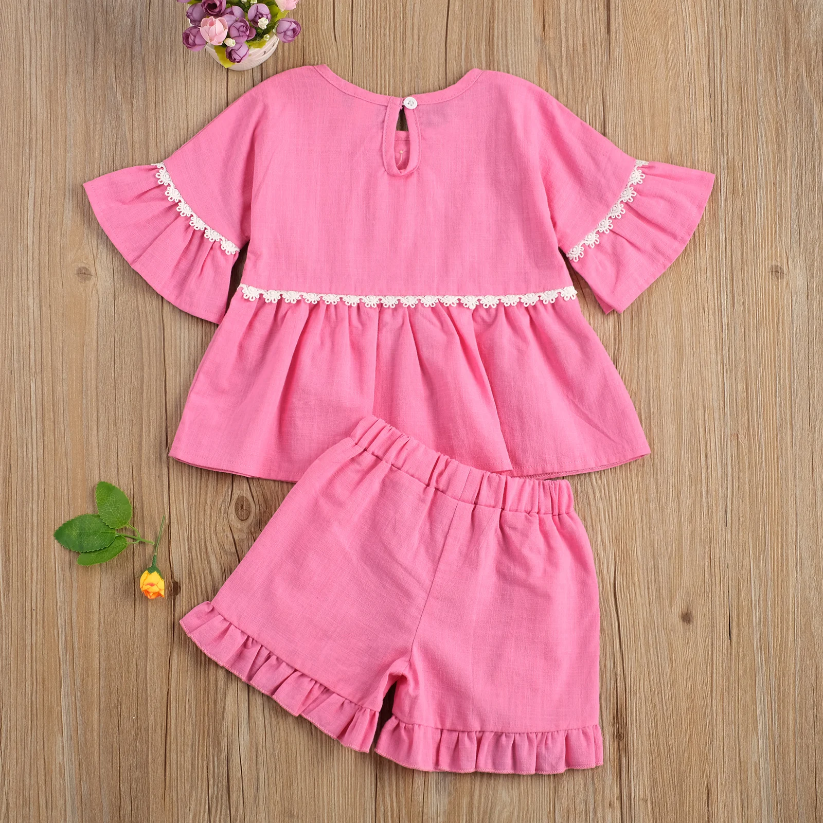 

2020 New Summer 12M-5Y Toddler Kids Baby Girl 2Pcs Set Dress-Style Lace Decorate Flared Half Sleeve Buttons Top+Ruffled Shorts