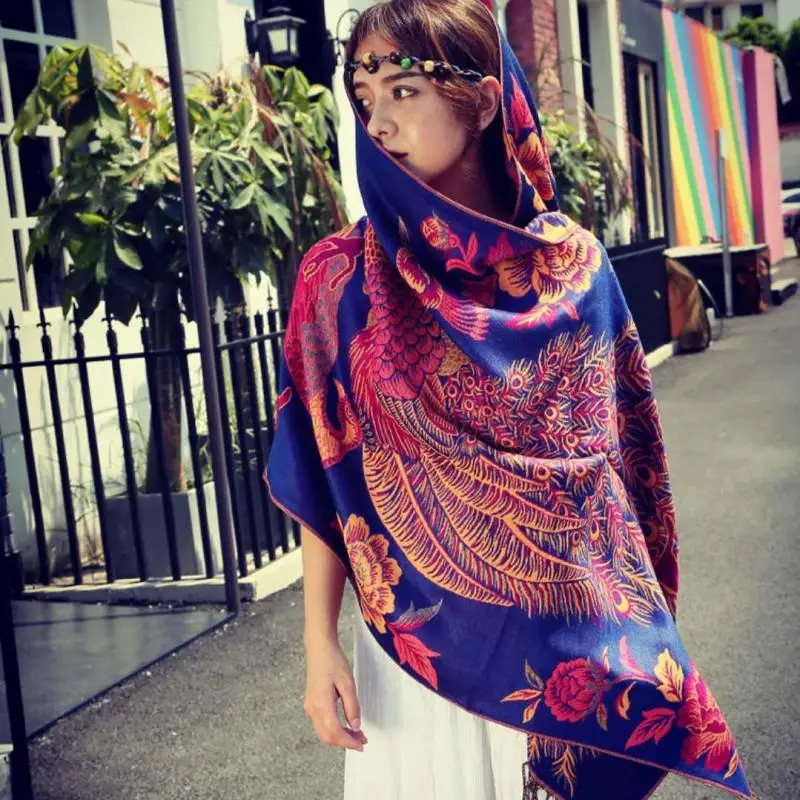 

Осенне-зимняя женская накидка в виде павлина, Женская воздушная шаль, плотный хлопковый фуляр, Подарочная накидка с кисточками