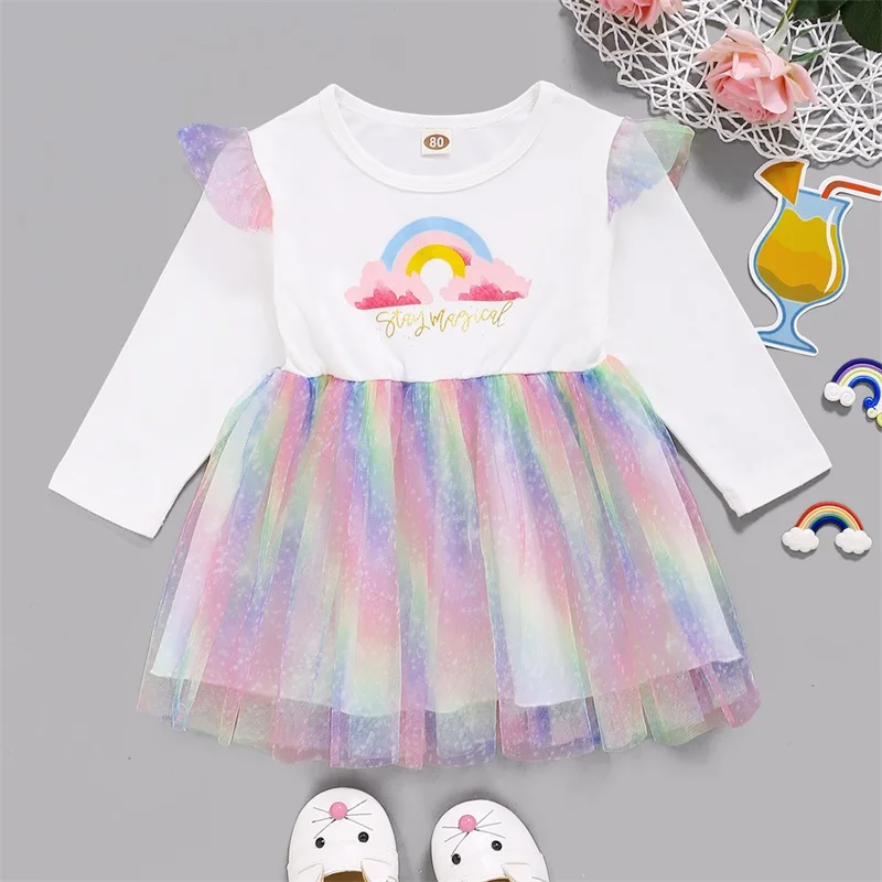 

Children's Clothing Autumn Kids Flying Sleeve Mesh Rainbow Long Sleeve Girls Dress