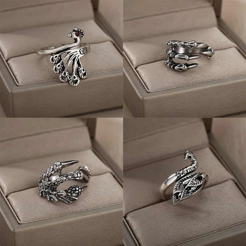 

Punk Metal Animal Rings For Men Silver Color Creative Claw Peacock Wedding Open Finger Ring For Women Jewelry Accessories Gift