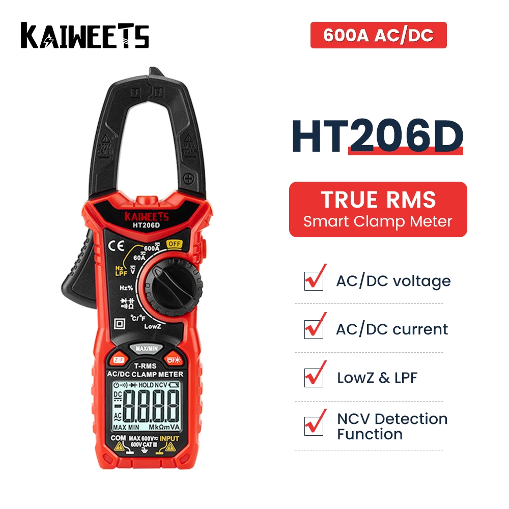 

KAIWEETS HT206D AC DC Digital Clamp Meter Multimeter Pinza Amperimetrica True RMS High Precision Capacitance NCV Ohm Hz Tester