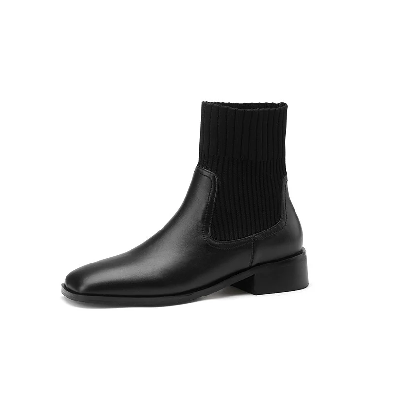 

Handmade quality ankle boots for women genuine leather square toe chunky medium heels stretch boots sock boots size 42