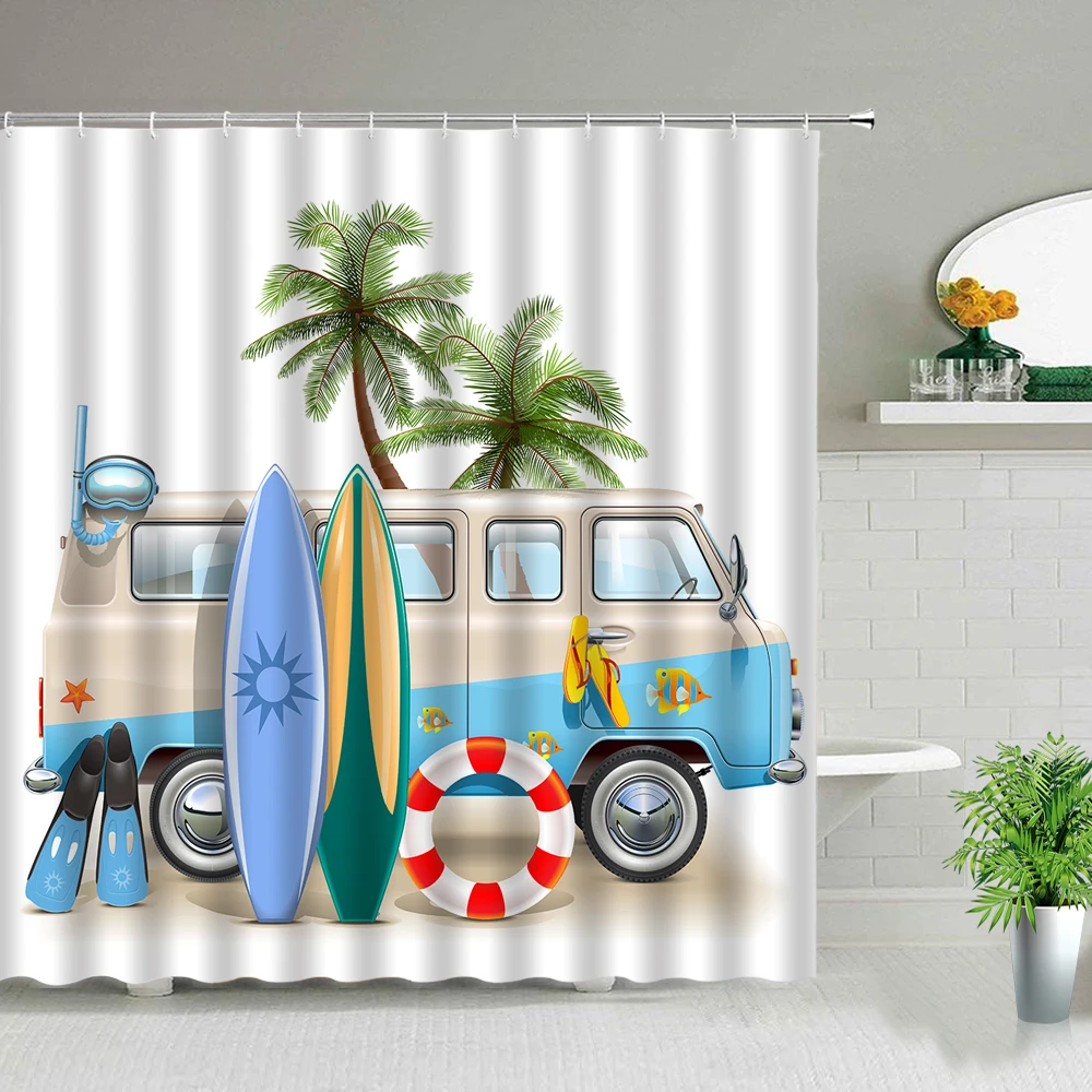 

Car Travel Swim Ring Surfboard Camper White Shower Curtain Set Waterproof Polyester Bathroom Curtains Fabric For Bathtub Decor