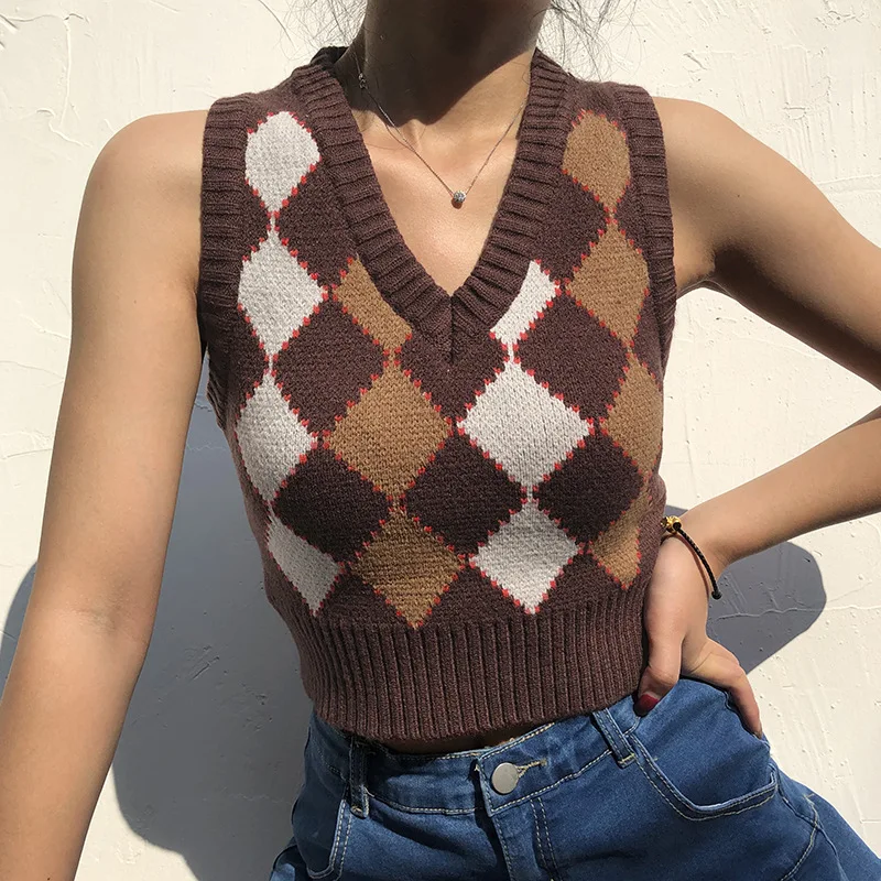 

Women’s Classic Argyle Sweater Vest Sleeveless V Neck Plaid Print Rib Knitted Crop Tank Top