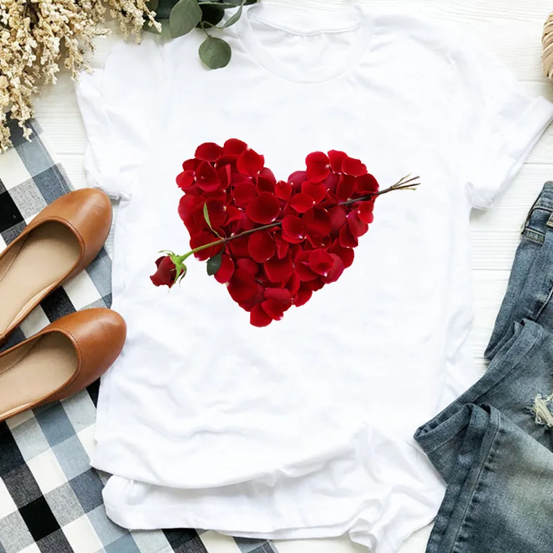 

Women Lady 90s Love Floral Flower Short Sleeve Print Ladies T Tee Womens Shirt Clothes Tshirt Female Top Graphic T-shirt
