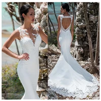 thinyfull 2019 mermaid sexy illusion wedding dress o neck lace appliques simple beach bride dress princess boho wedding gown