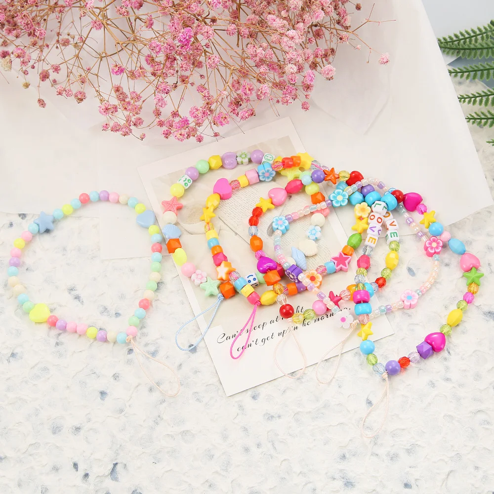 Boho Wrist Lanyard Chain For Mobile Phone Holder Keys Id Card Cute Stars Love Colour Handphone Strap Bead Hanging Rope Bracelet