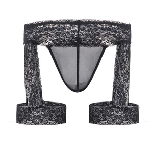 Трусы-стринги мужские кружевные с подвязками, с открытой попой