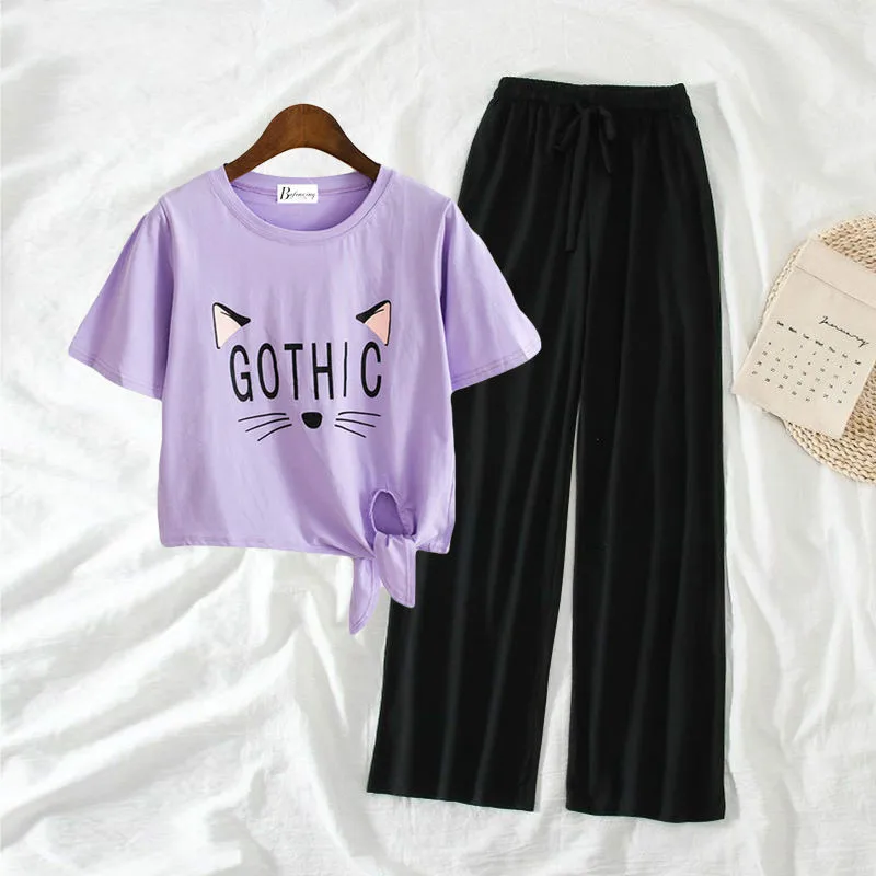 

Single/Suit Summer New Fashion Wide Leg Pants Two-Piece Women's Korean-Style Loose Casual Short-Sleeved T-shirt