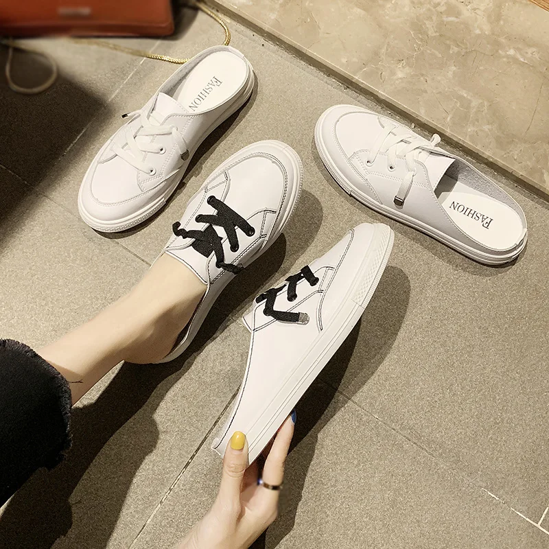 

Nice white flat women's shoes, Korean fashion casual half shoes, lace-up mules