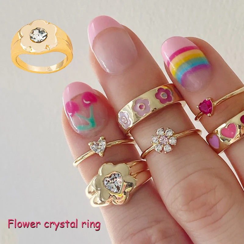 

Y2k Jewelry Shiny Crystal Flower Rings for Women 90s Aesthetic Vintage Charm Geometric Star Fashion INS Rings Friends Gifts New