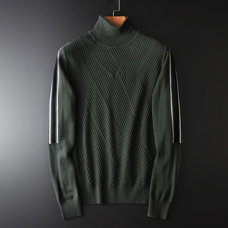 Minglu зеленый свитер для мужчин роскошная водолазка шерсть толстые мужские