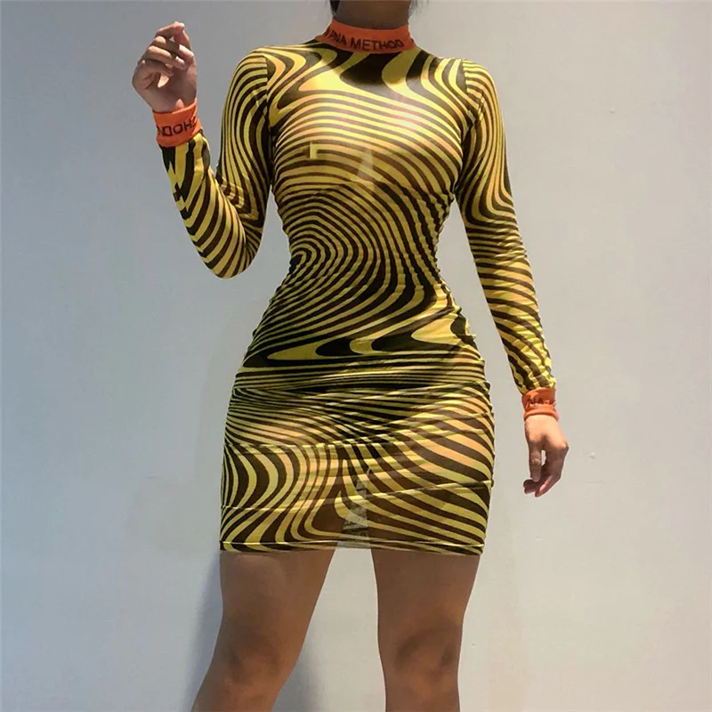 

Yellow Mock Neck Swirl Pattern Mesh Mini Dress Women Letter Print Long Sleeve Skinny See Through Bodycon Party Nightclub Outfits