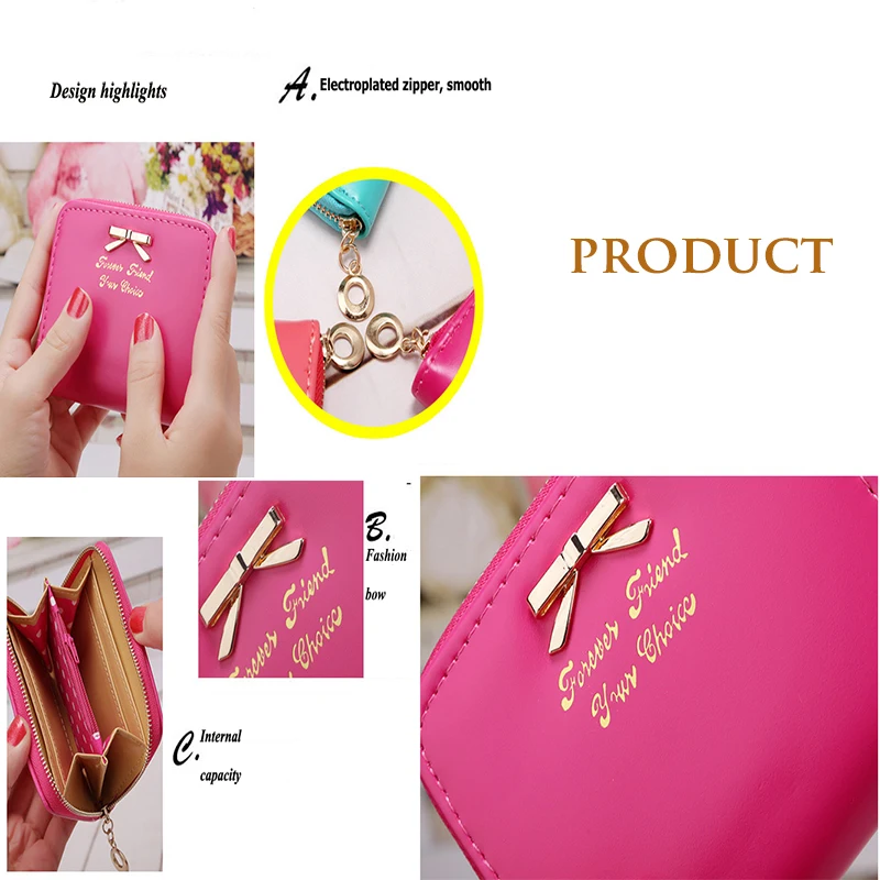 

Korean Version Bow Short Wallet Zipper Women Fashion Simple Coin Purse Portable Small Purse Candy Colour Card Holder Female
