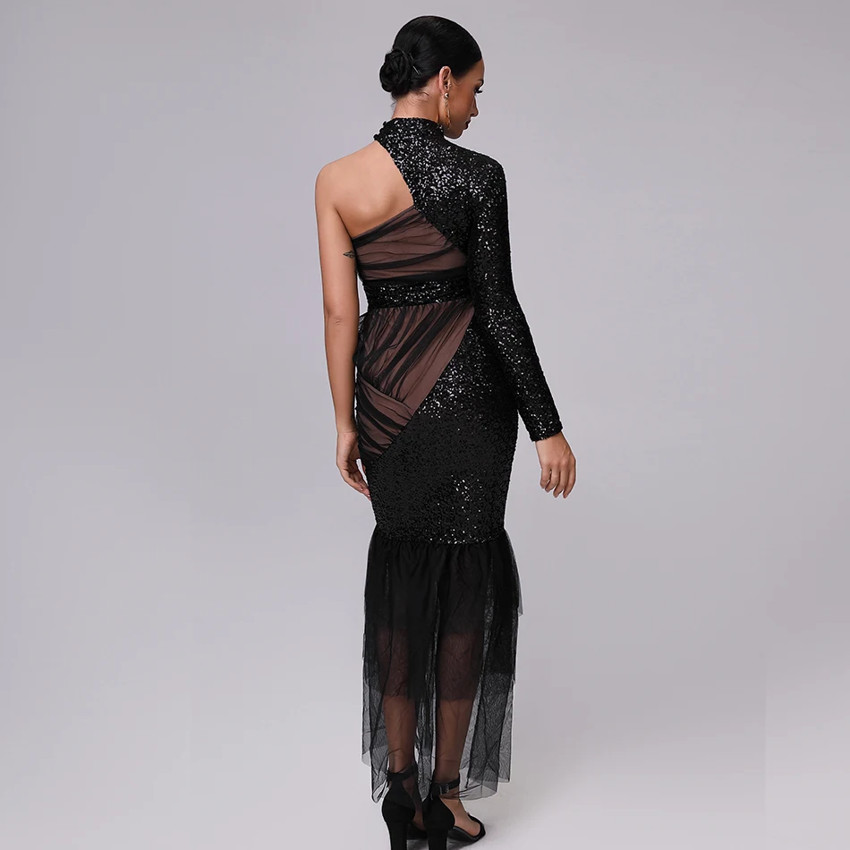 2021 Новое Элегантное Черное Сетчатое платье с блестками на одно плечо длинное