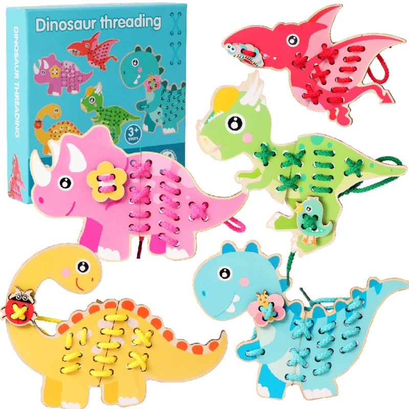 

2022 New 5 Pieces Dinosaur Wood Puzzle with Rope Kid Brain Training Educational Toys Attract Children's Attention Wear Resistant