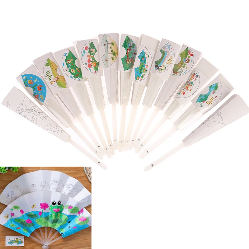 

21cm Painting Summer Fan DIY Toys Art Craft Toy For Children Cartoon Animal Color Graffiti Origami Fan Creative Drawing Kids