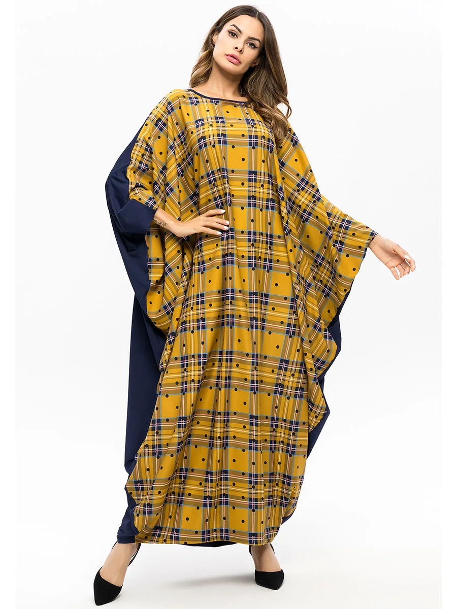 Plaid Muslim Abaya Dress Women Turkey Loose Jilbab Jubah Elbise Islamic Arab Batwing Sleeve Moroccan Kaftan Maxi Hijab Vestidos |