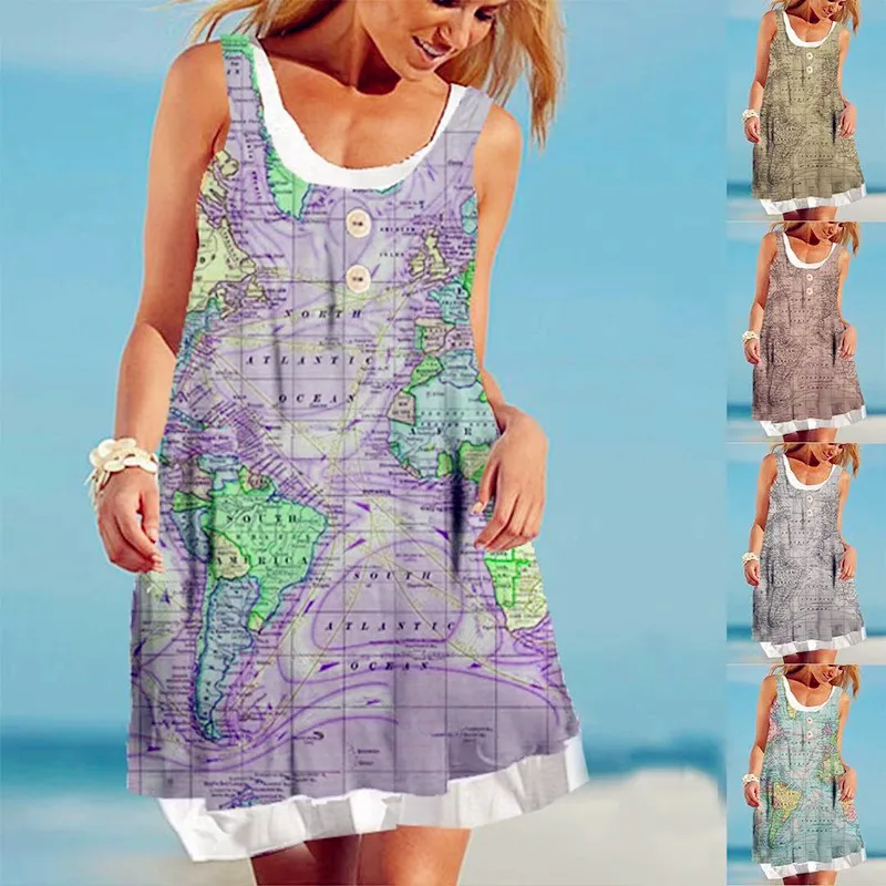 

Женское винтажное платье в стиле бохо, свободное вечерние-майка без рукавов, с оборками и картой, летнее элегантное праздничное пляжное пла...