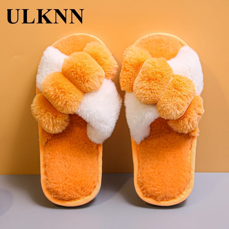 

ULKNN Children Slippers For Home Girls Anti-Slippery Peep-Toe Indoor 2021 Winter Plush Slippers Fashion Kids Cute Soft Pantufa