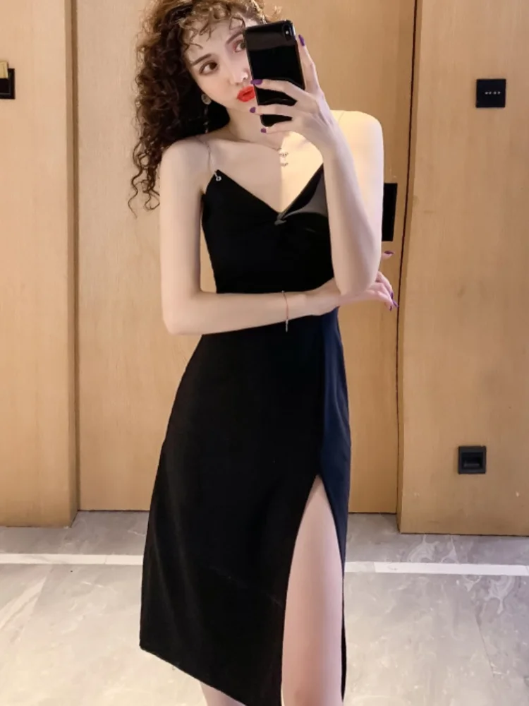 

Bottoming Suspender Evening Dress for Women 2021 Spring and Summer New Sexy Elegant Split Mid-Length Slim Fit Slimming Oversize