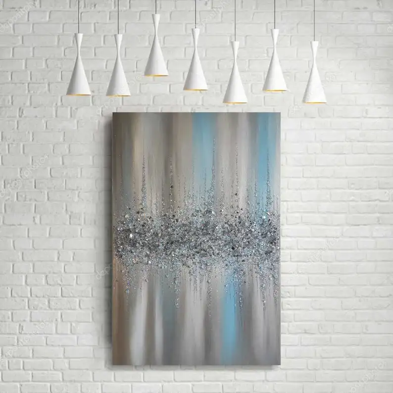 Glitter Glass Painting, Glitter Painting, Silver Glitter Art, Light Blue Glitter Art Abstract Painting, Abstract Art, Wall Decor