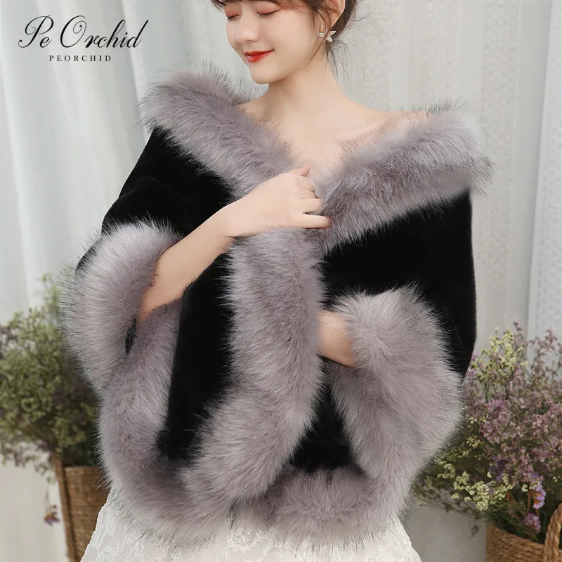 

PEORCHID Winter Bridal Bolero Women Jacket For Evening Party Stola Elegante Donna Grey Black Red Faux Fur Cloak Wedding Cape