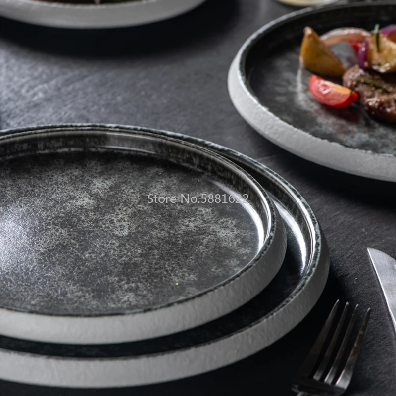 Original Ice Cracked Glaze Ceramic Grey Plate Japanese Round Dish Factory Export Tableware