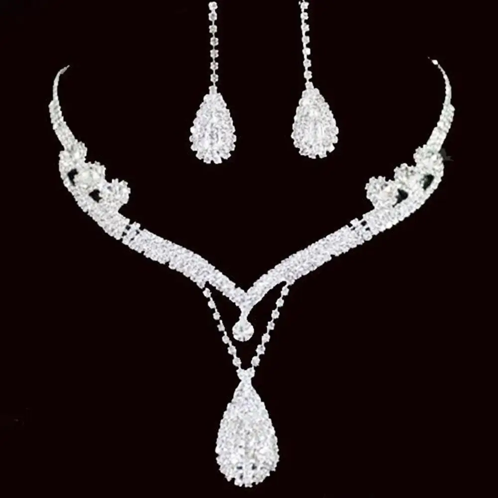 

Water Drop Pendant Charming Exquisite Rhinestone Rhinestone Waterdrop Necklace Earring Set for Wedding Prom Party