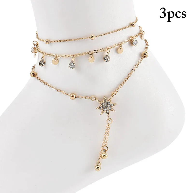 

3PCS Ankle Chain Stars Pendant Anklet Beaded 2021 Summer Beach Foot Jewelry Fashion Style Anklets For Women