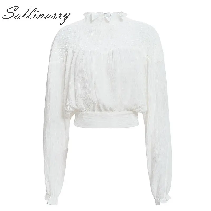 Sollinarry с воротником-стойкой Женский Короткие блузки рубашки 2019 Twist Ruffles осенние