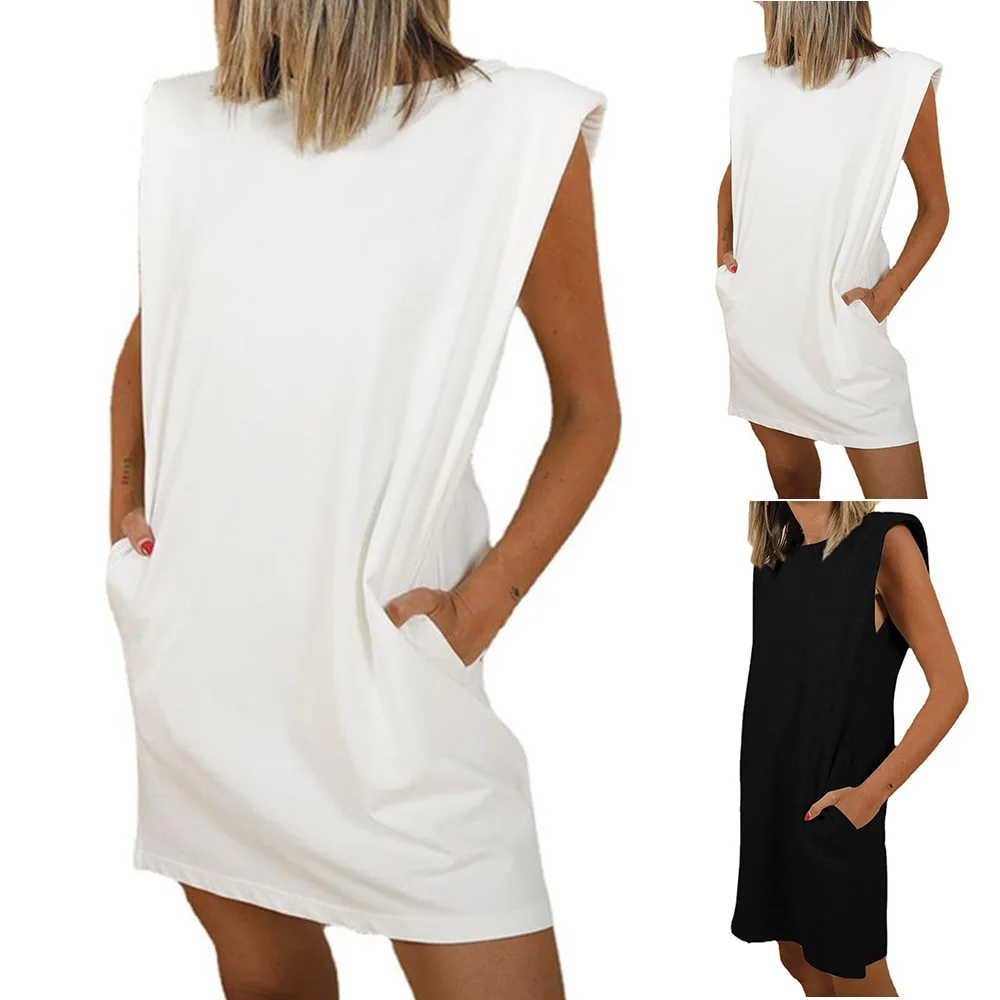 

Womens Fashion Sleeveless Loose Solid Color Fashion Streetwear Pockets Casual Dress Straight Vestidos