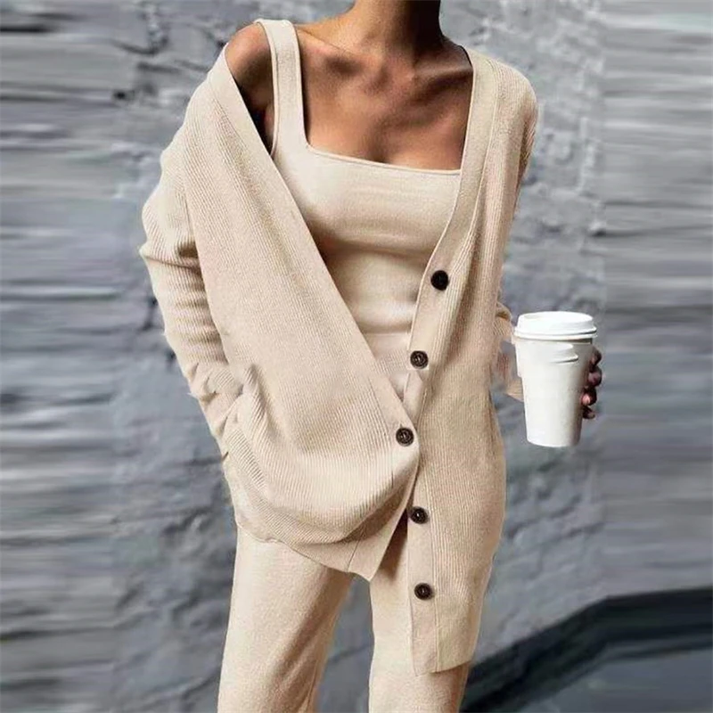 

Loose Knitted Three Piece Set Women Tank Tops & Wide Leg Long Pants & Long Cardigan Coat Suit Loose Solid Outfit Autumn Winter