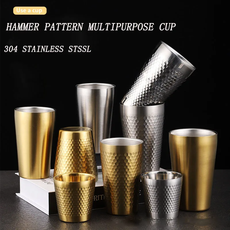 

New 304 Stainless Steel Hammered Water Cup Large Capacity Beer Cup Thickened Double Restaurant Tea Cup Coffee Cup Juice Cup