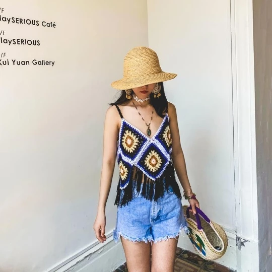 Кроп-Топ женский винтажный вязаный крючком топ с радужными цветами пикантная