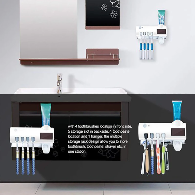 

Wall Mounted Toothbrush Holder and Toothpaste Dispenser,UV Toothbrush Disinfection Function, Solar Power Rechargeable