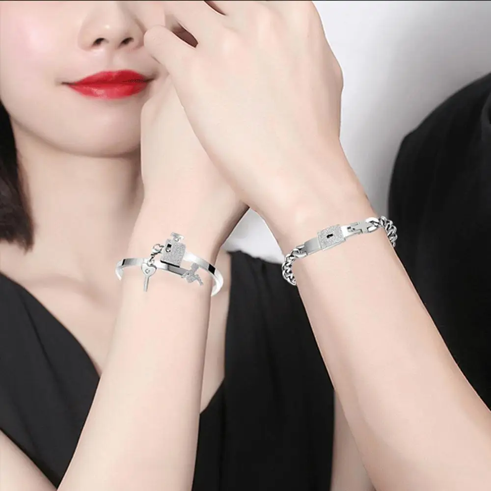 1 Pair Love Heart Couple Lover Bracelet Fashion Concentric Lock Key Titanium Steel Bracelets Women Men Jewelry Gift | Украшения и