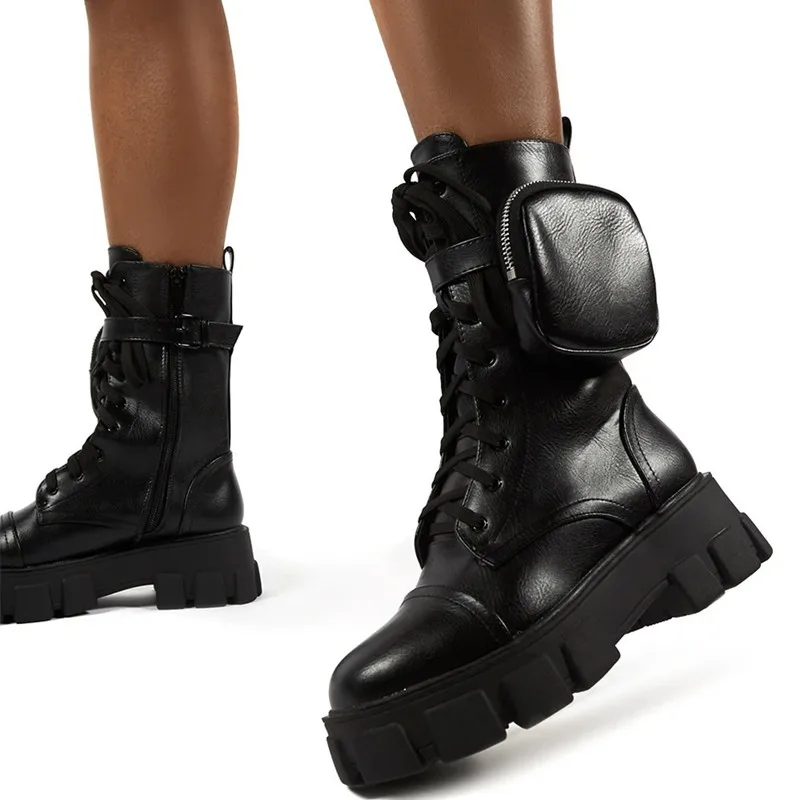 

Women's Boots Pocket Lace up Ladies Ankle Boots Female Combat Runway Buckle Strap Zipper Ankle Boot Woman Platform Shoes Fashion