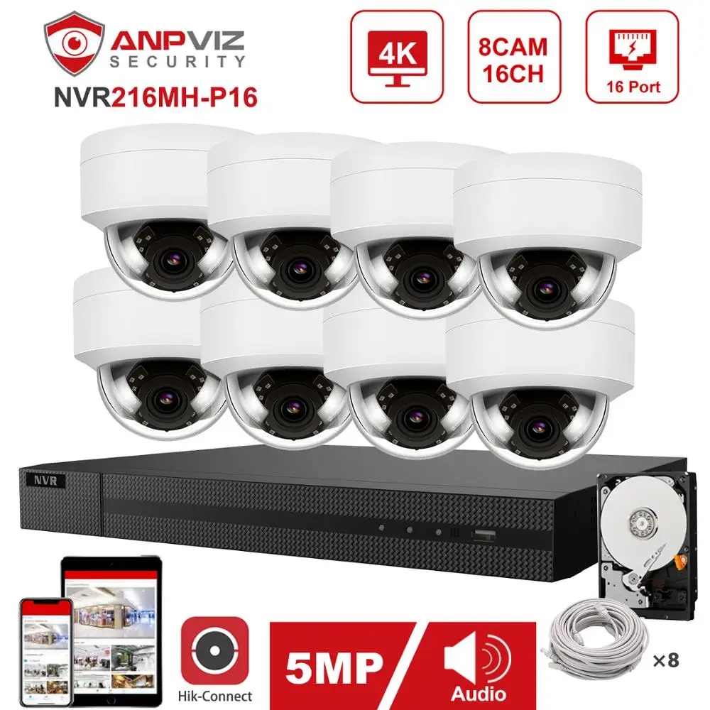 Hikvision OEM 16CH 4K NVR Anpviz 8pcs 5MP POE IP Camera System Indoor/Outdoor CCTV Security Kit IP66 30m|Система наблюдения| |