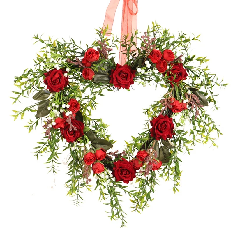 

GTBL Vintage Art Simulation Rose Flowers Wreath, Heart-Shaped Valentine's Day Wreath For Front Door Wedding Party Home Decor