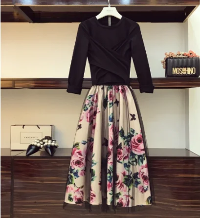

HIGH QUALITY Women Irregular Bowknot Solid Tops Vintage Floral T Shirt+Mesh Skirts Suits Skirt Sets Elegant Woman Two Piece Set
