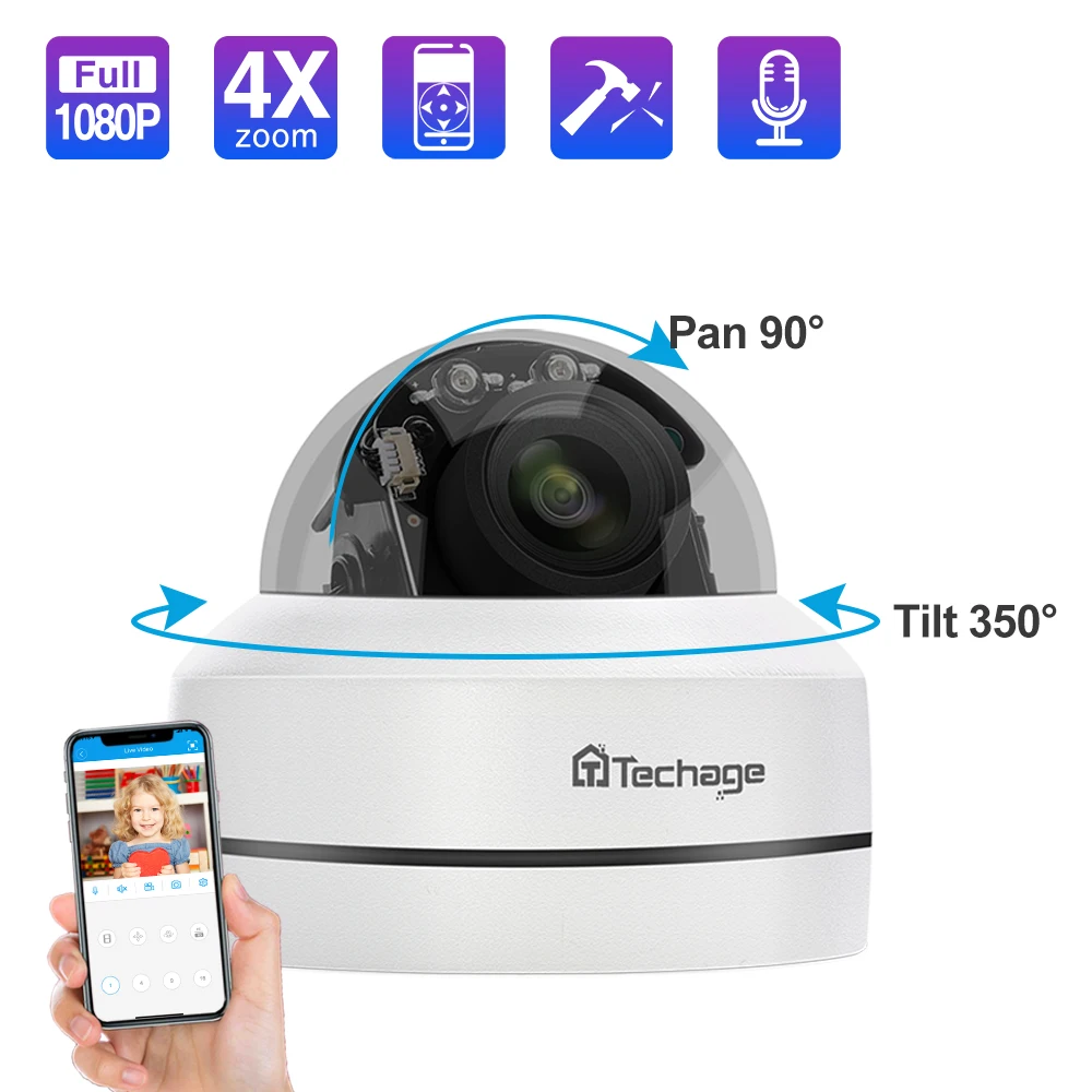 Techage 1080P 4X зум объектив PTZ POE IP камера Мини скоростная купольная аудио