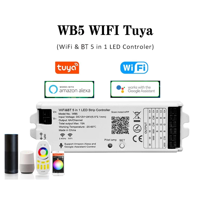 WB5 Wifi Bluetooth-compatible 5 in 1 LED Strip Controller DC12V 24V Max15A For Single Color CCT RGB RGBW RGB+CCT LED Strip Ligh